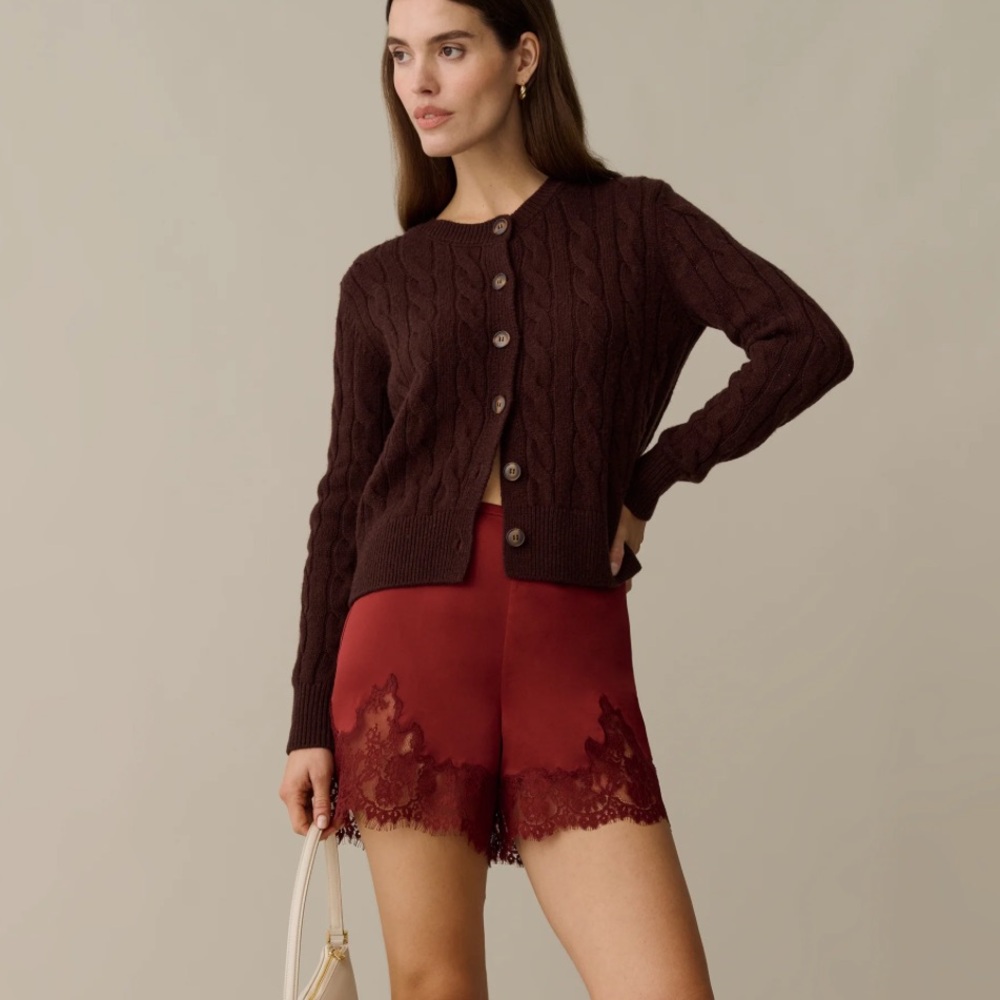 Sorella Rose Silk Lace Trim High Waist Burgundy Shorts - Picture 3 of 8